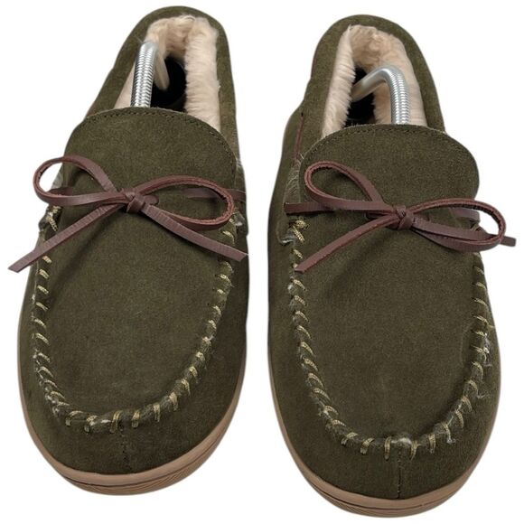 J. Crew Men’s Green Suede Leather Sherpa Lined House Slippers Size 11 - Picture 2 of 6